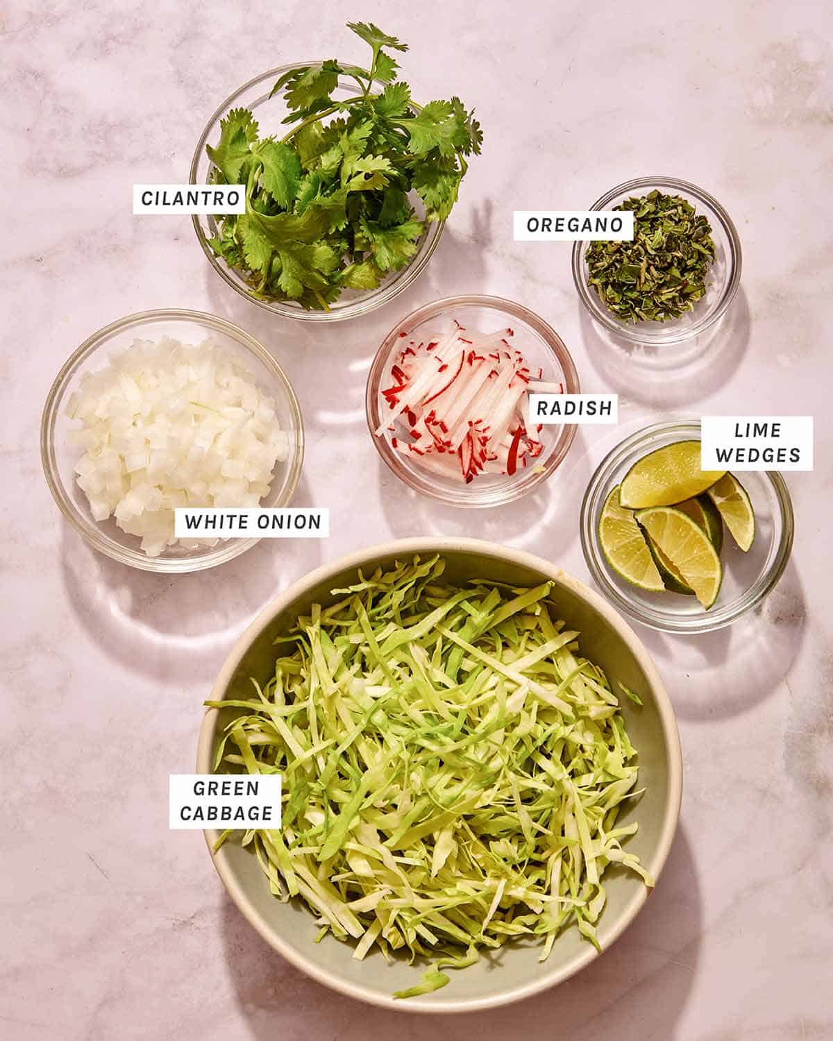 Pozole verde garnish ingredients.
