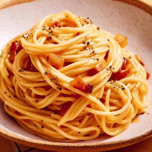 Basic carbonara recipe in a bowl.