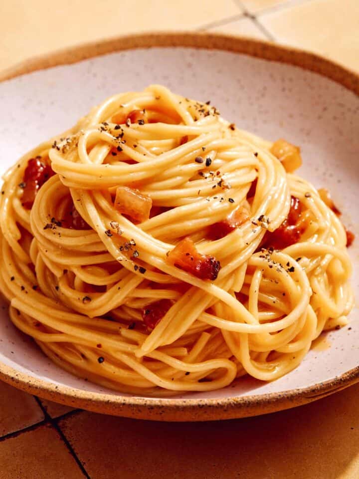 Basic carbonara recipe in a bowl.