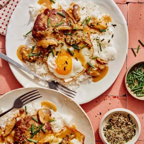 Loco moco on plates to serve to two people.