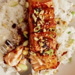 Soy glazed salmon with rice and a bite taken out of the salmon fillet.