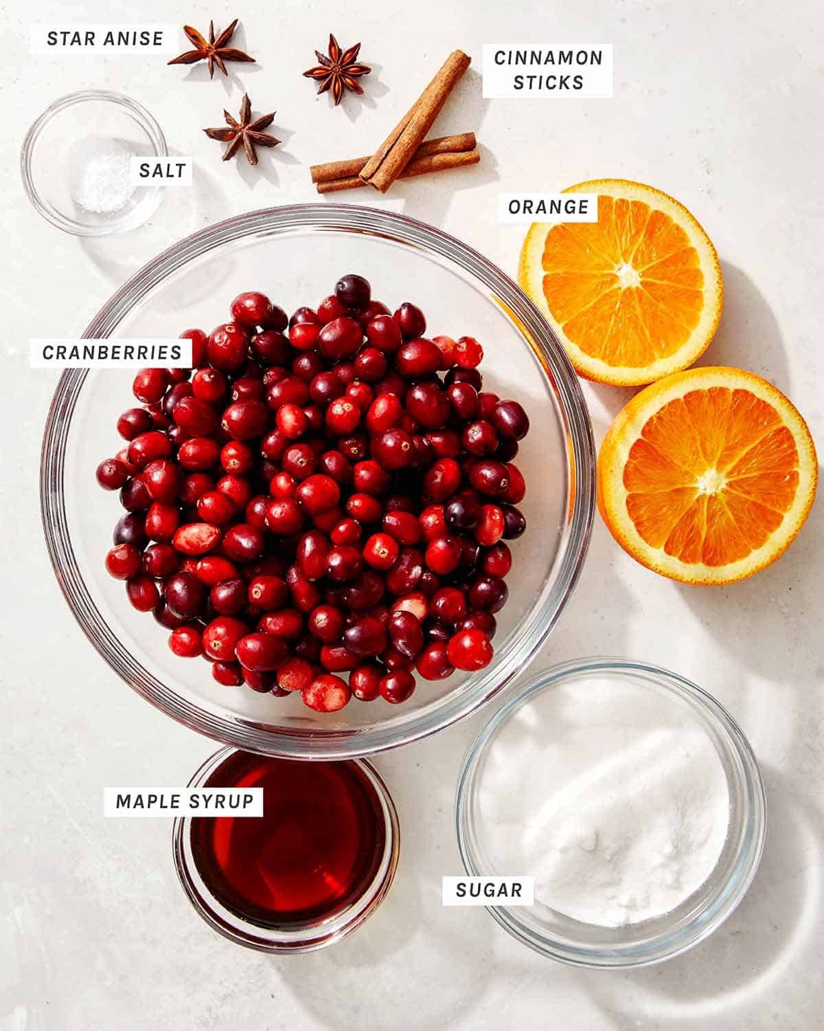 Cranberry sauce ingredients on a kitchen counter.