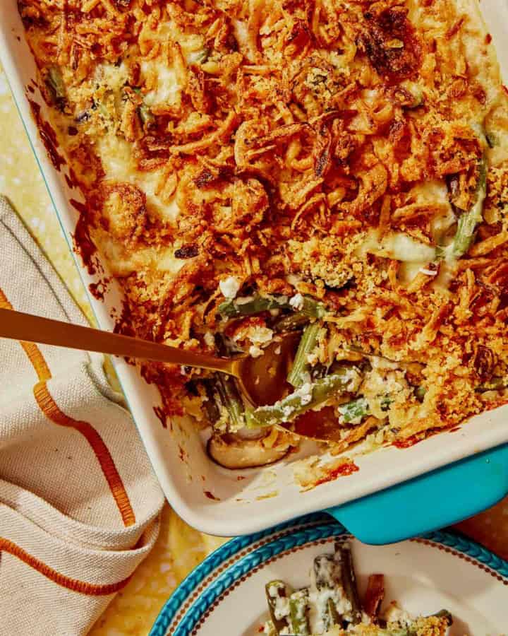 Green bean casserole with a spoon in it.