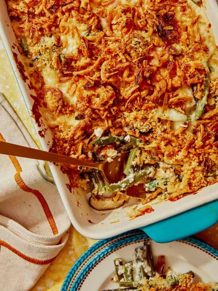 Green bean casserole with a spoon in it.