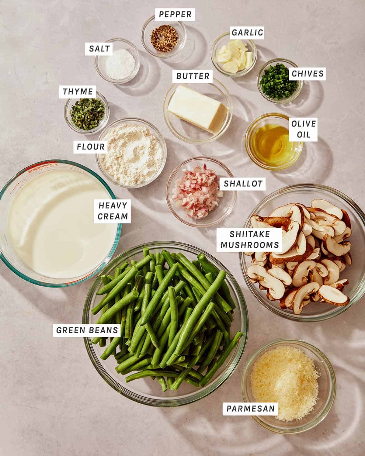 Green bean casserole ingredients on a kitchen coutner.