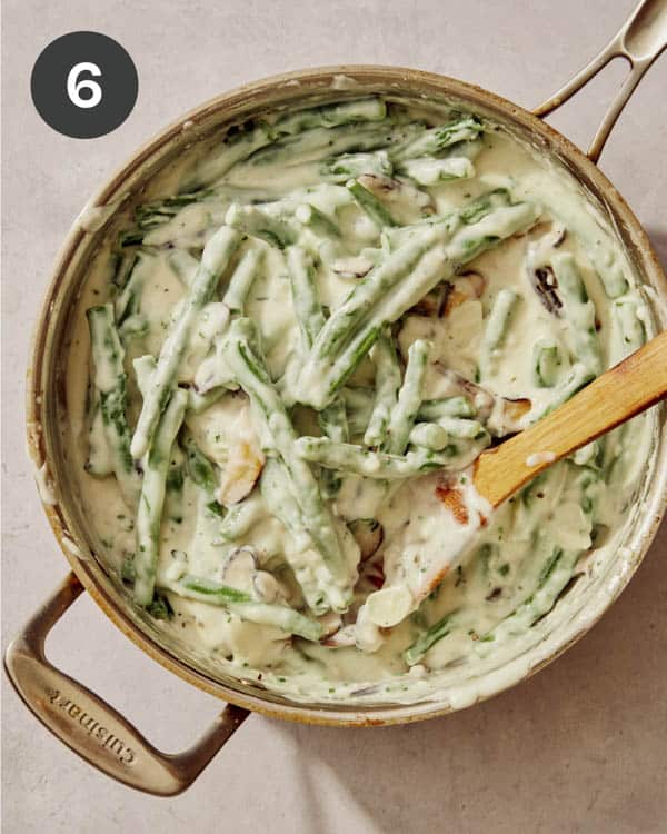 Green bean casserole in skillet.