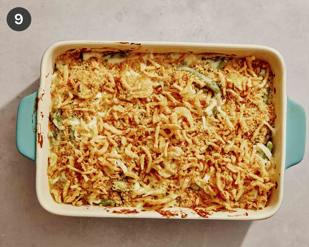 Green bean casserole with toppings ready to be served.