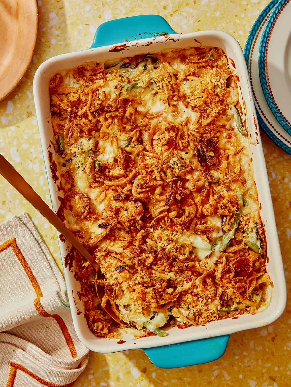 Green bean casserole fresh out of the oven ready to be served.