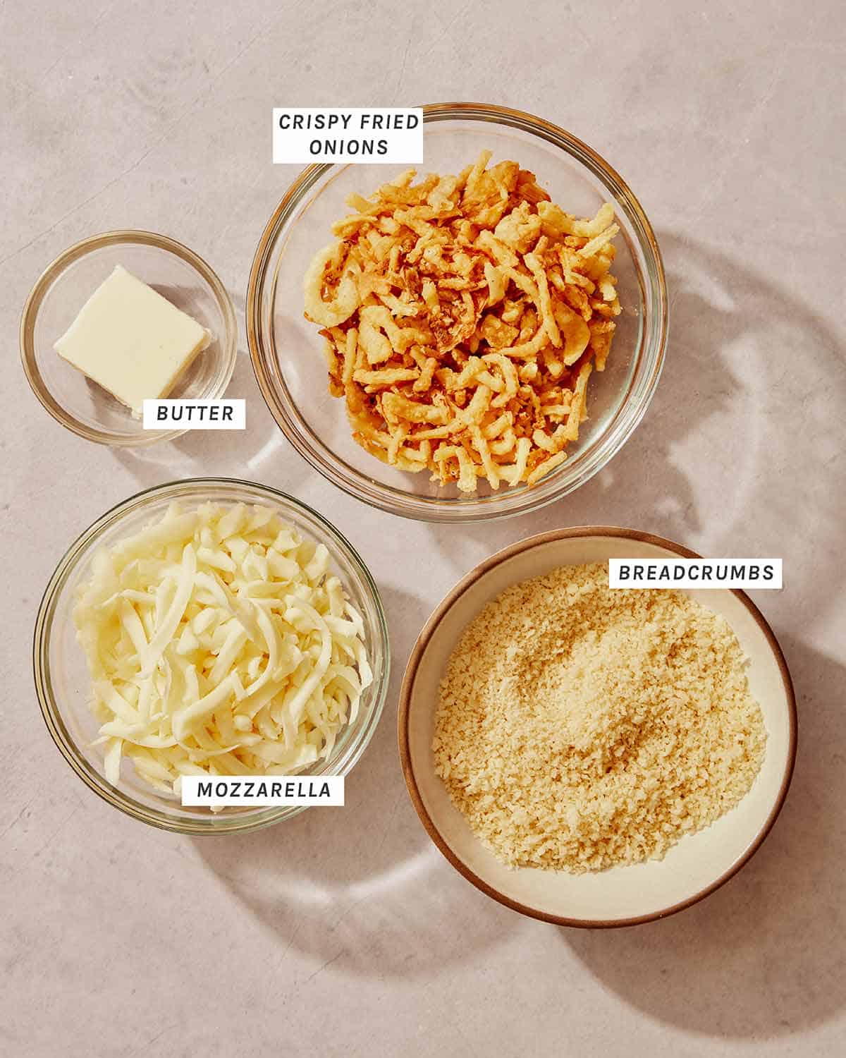 Toppings for our green bean casserole recipe.