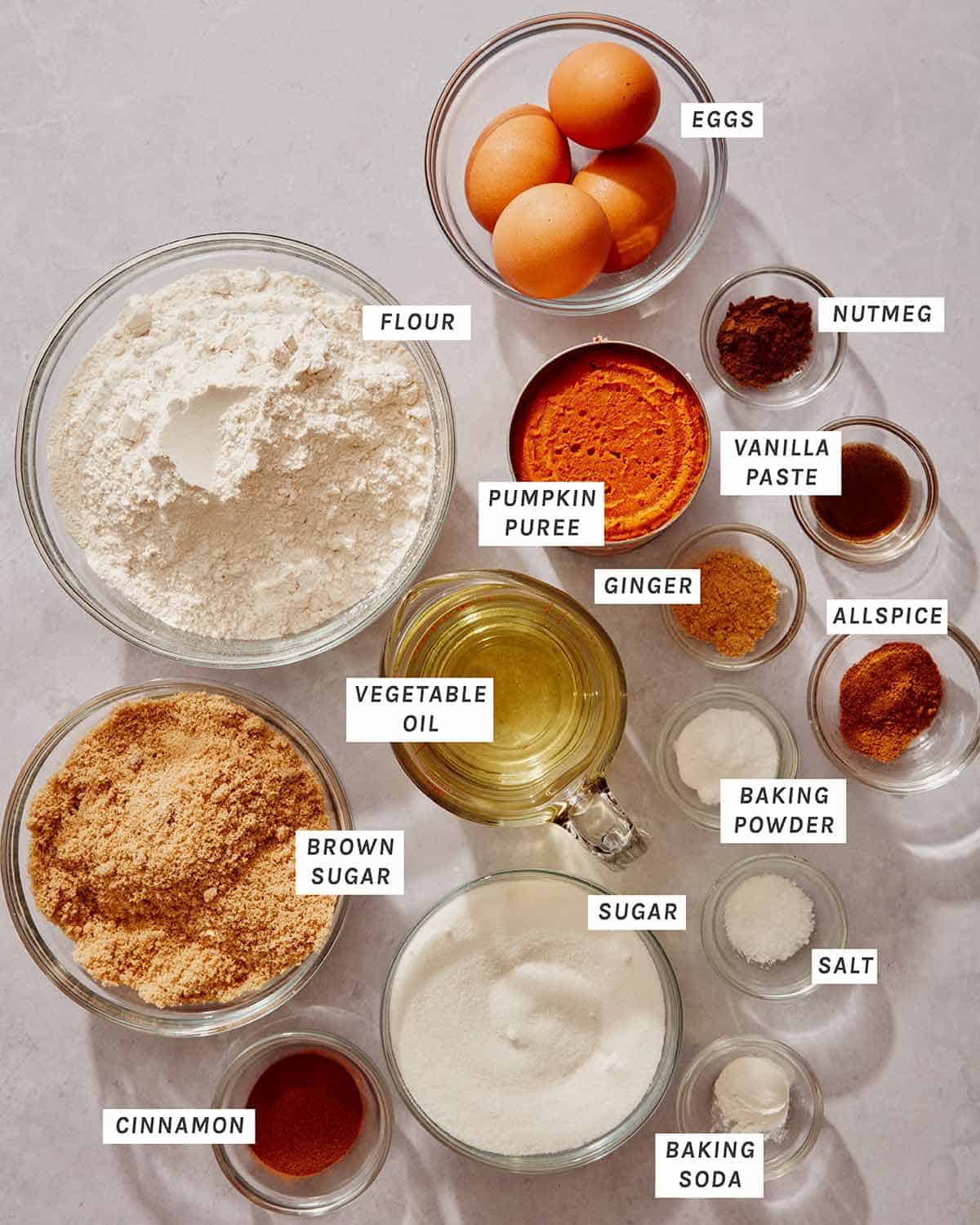 Pumpkin cake ingredients measured out.