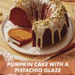 Pumpkin cake with a pistachio glazed cut with slices.