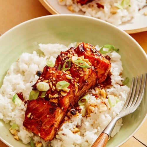 Soy glazed salmon on a bed of rice with a fork.