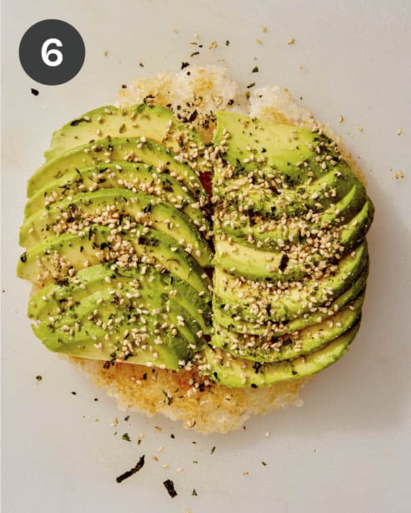 Crispy rice with avocado and furikake.