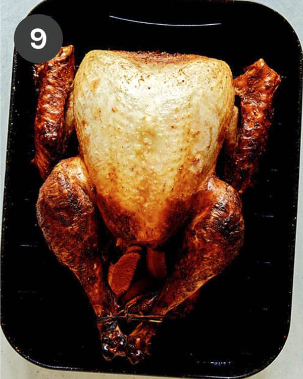 A turkey in a roasting pan being roasted.
