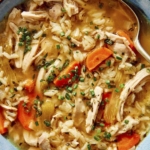 Chicken and rice soup up close in a bowl.