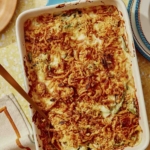 Green bean casserole fresh out of the oven ready to be served.