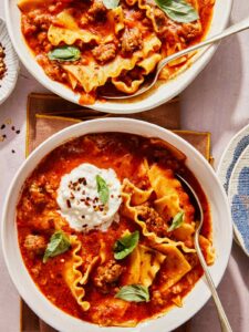 Lasagna soup recipe in a bowl.