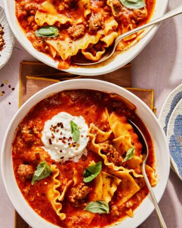 Lasagna soup recipe in a bowl.