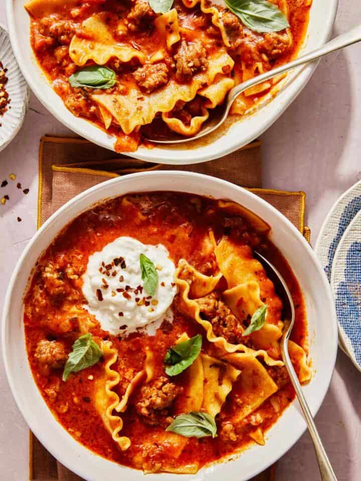 Lasagna soup recipe in a bowl.