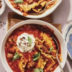Lasagna soup recipe in a bowl.
