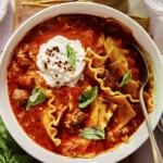 Lasagna soup in a bowl with sparkling water on the side.