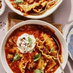 Lasagna soup recipe in a bowl.