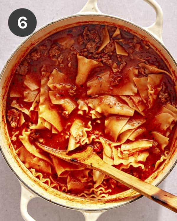 Lasagna soup in a pot cooking.