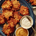 Potato latkes on a platter with sour cream and applesauce on the side.