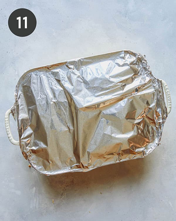 Sausage strata wrapped in foil to be baked.