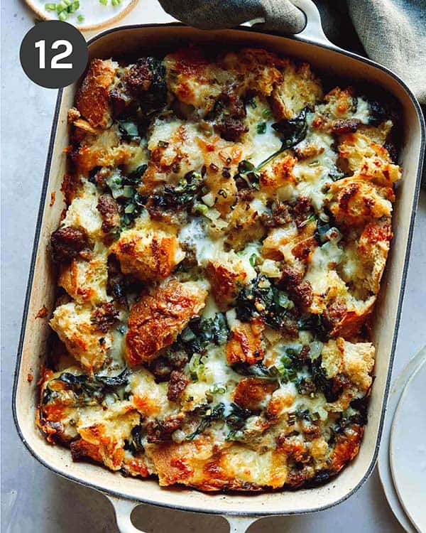 Baked sausage strata in a dish.