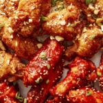 Korean fried chicken on a plate being eaten.