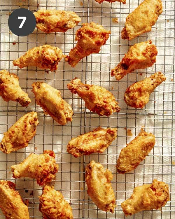 Korean fried chicken fried for a second time then resting.