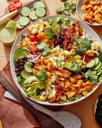 A Southwest style cobb salad recipe in a big bowl.