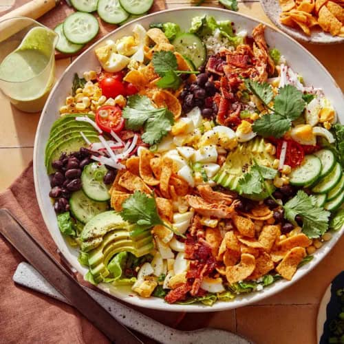 A Southwest style cobb salad recipe in a big bowl.