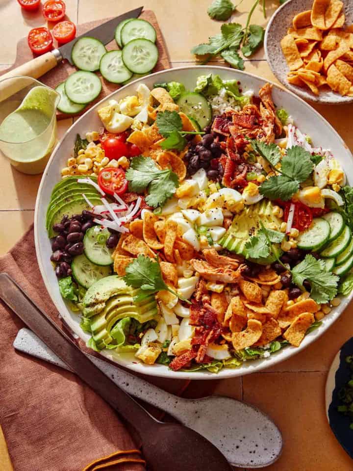 A Southwest style cobb salad recipe in a big bowl.