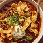A close up shot of chili in a bowl with toppings and a spoon.
