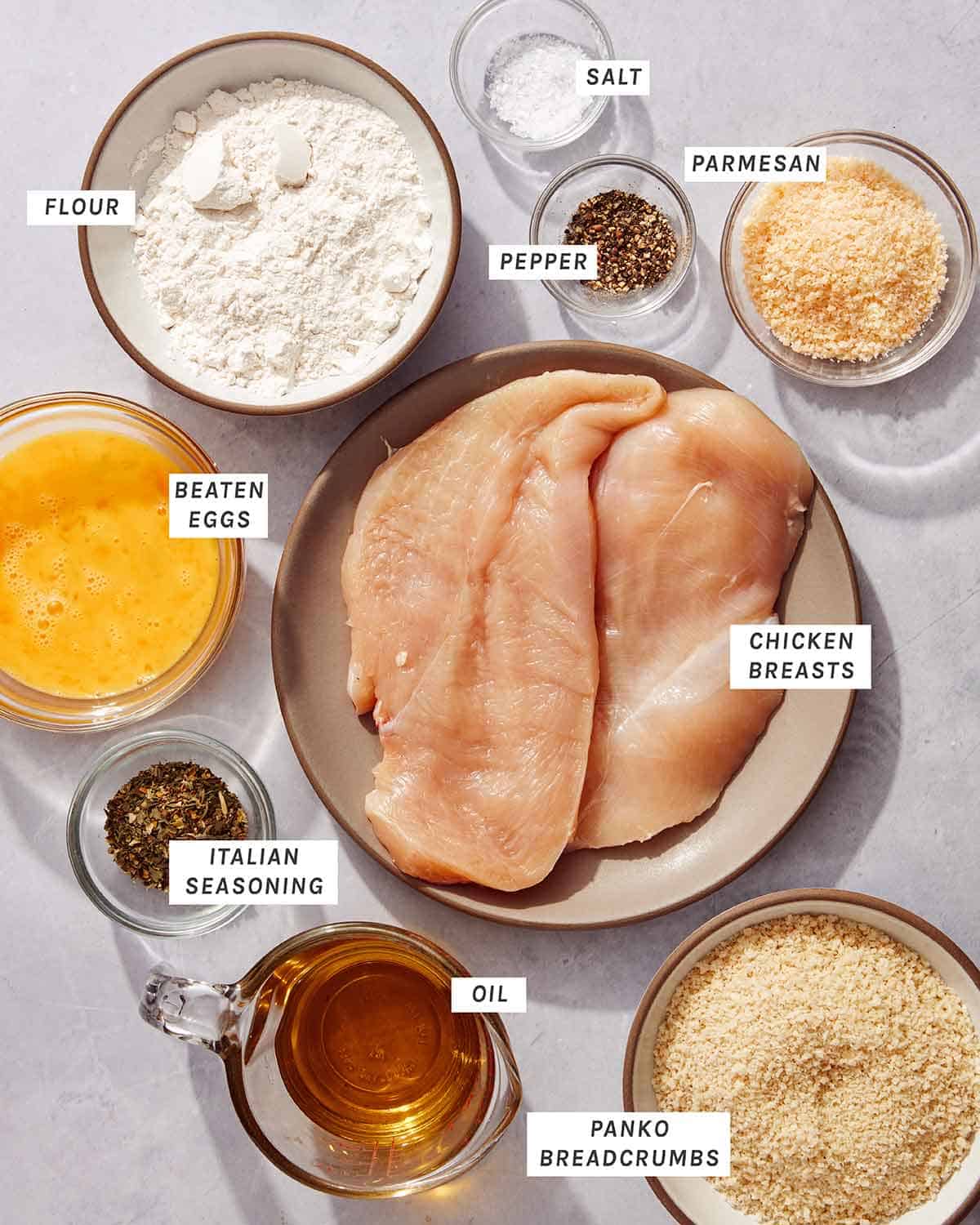 Ingredients to make a chicken milanese recipe.