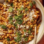 Mexican street corn salad in a bowl with a spoon in it.