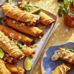 Taquitos on a platter with one being eaten on a plate.