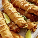 Taquitos stacked on a platter with toppings.