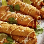 Taquitos stacked on a platter with toppings.