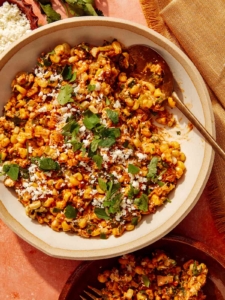 Mexican street corn salad in a bowl.