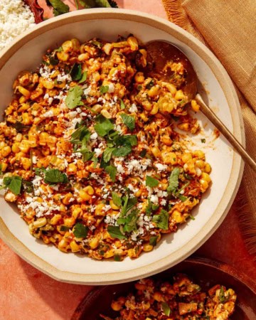 Mexican street corn salad in a bowl.