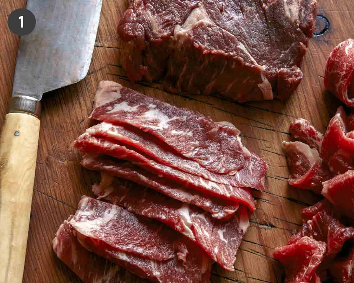 Wagyu beef being sliced for Philly Cheesesteak.