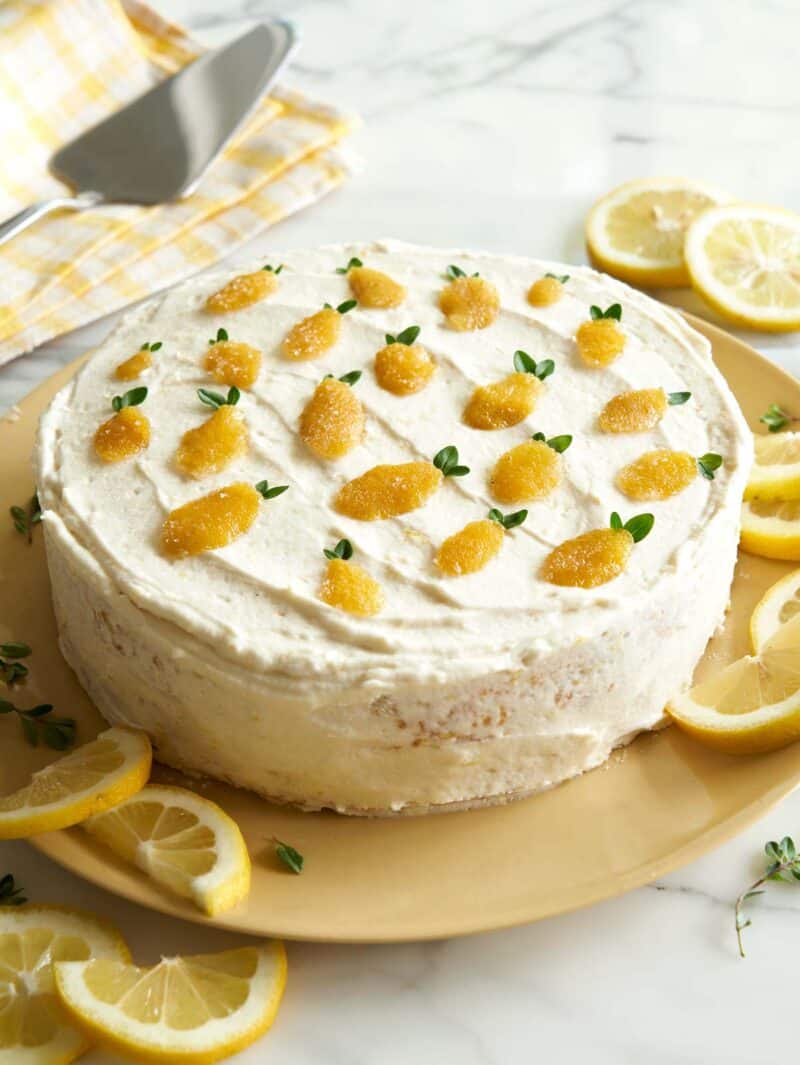 Lemon layer cake recipe with a hint of thyme. 