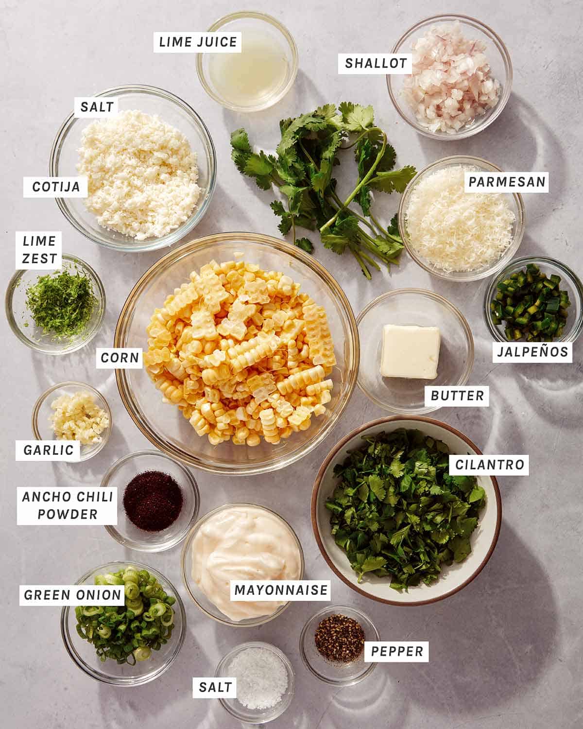 Ingredients to make a Mexican Street Corn Salad recipe.