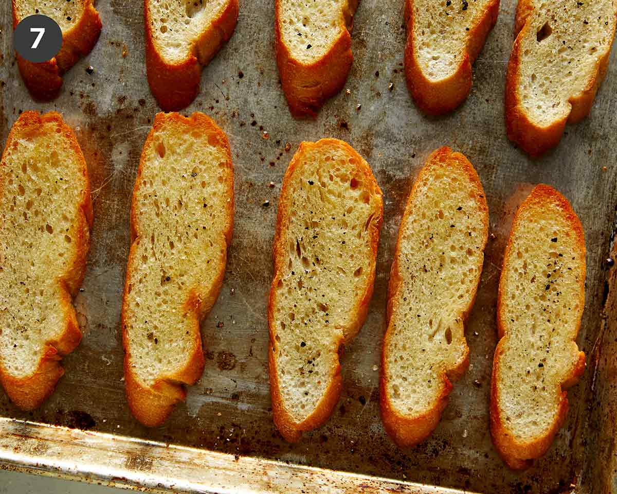 Toasted crostini to make bruschetta. 