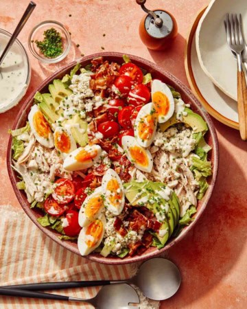 Cobb salad in a bowl freshly made.