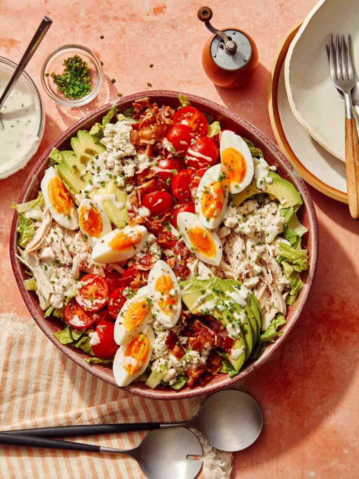 Cobb salad in a bowl freshly made.