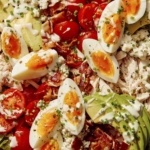 A bowl of cobb salad up close.